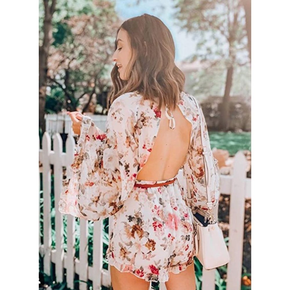 White Floral Print Chiffon Ruffle Long Flare Bell Sleeve Romper Playsuit Dress - Picture 5 of 8